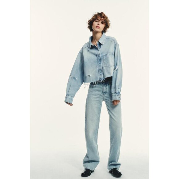 ZARA TRF RIPPED CROP DENIM OVERSHIRT - Picture 2 of 8